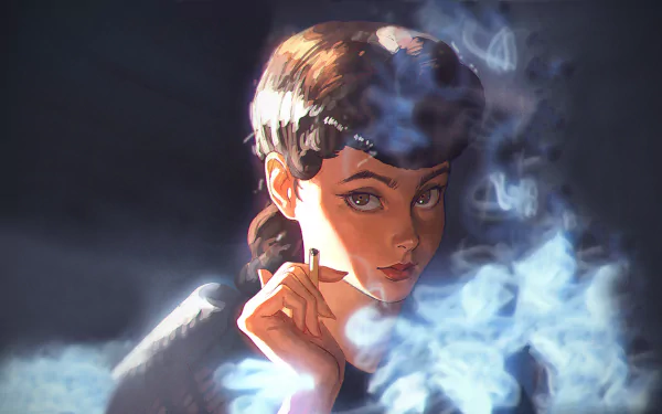 HD desktop wallpaper featuring Rachael from Blade Runner, surrounded by swirling smoke in a moody, cinematic style inspired by the movie.