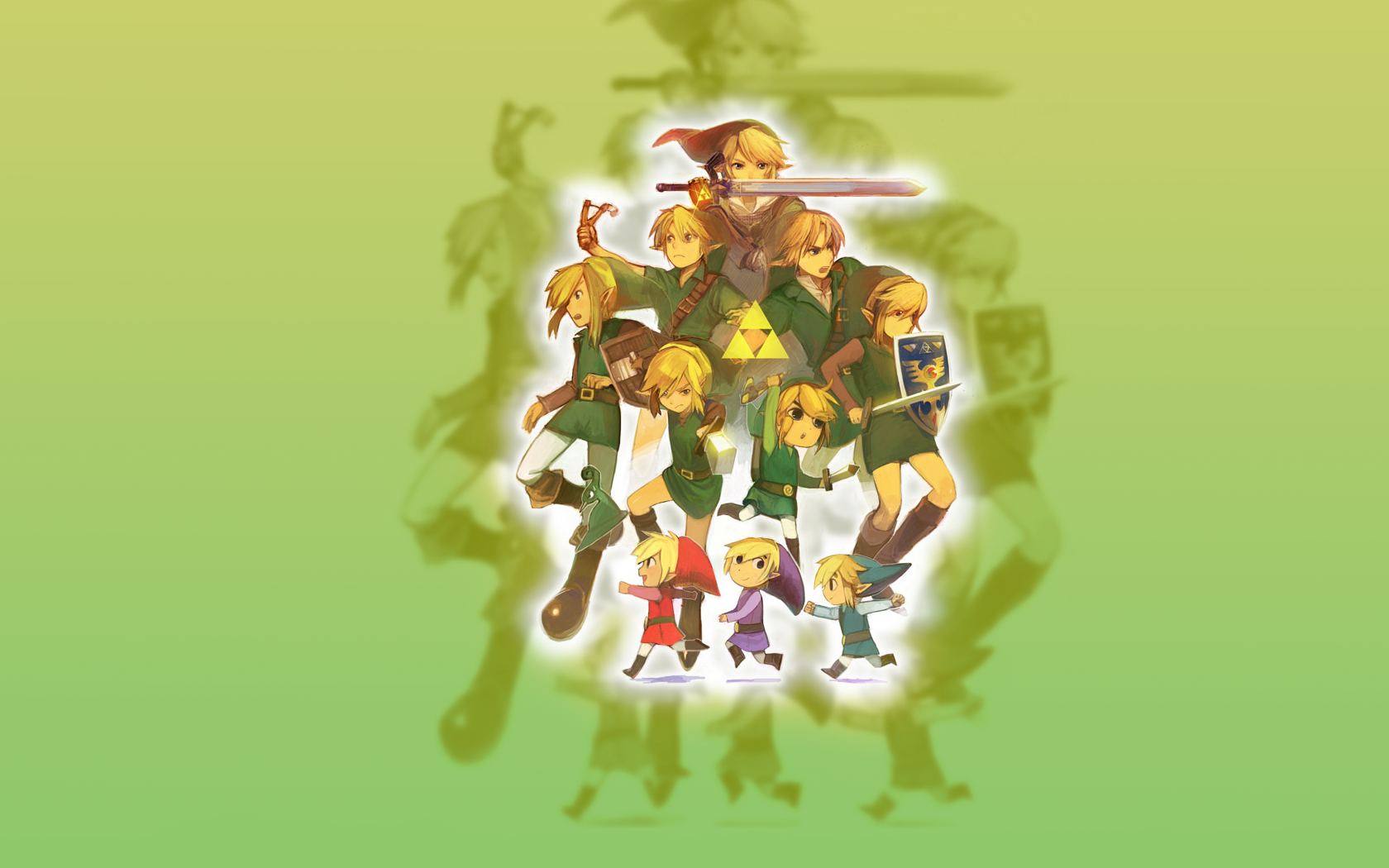 A vibrant HD wallpaper featuring multiple characters from The Legend of Zelda video game series, showcasing iconic designs and a green gradient background.
