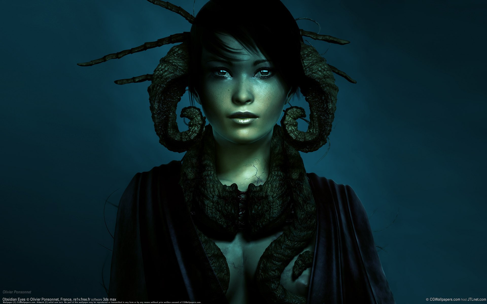 HD fantasy PC desktop wallpaper featuring a mysterious woman with glowing eyes and twisted ram-like horns against a dark, moody background.