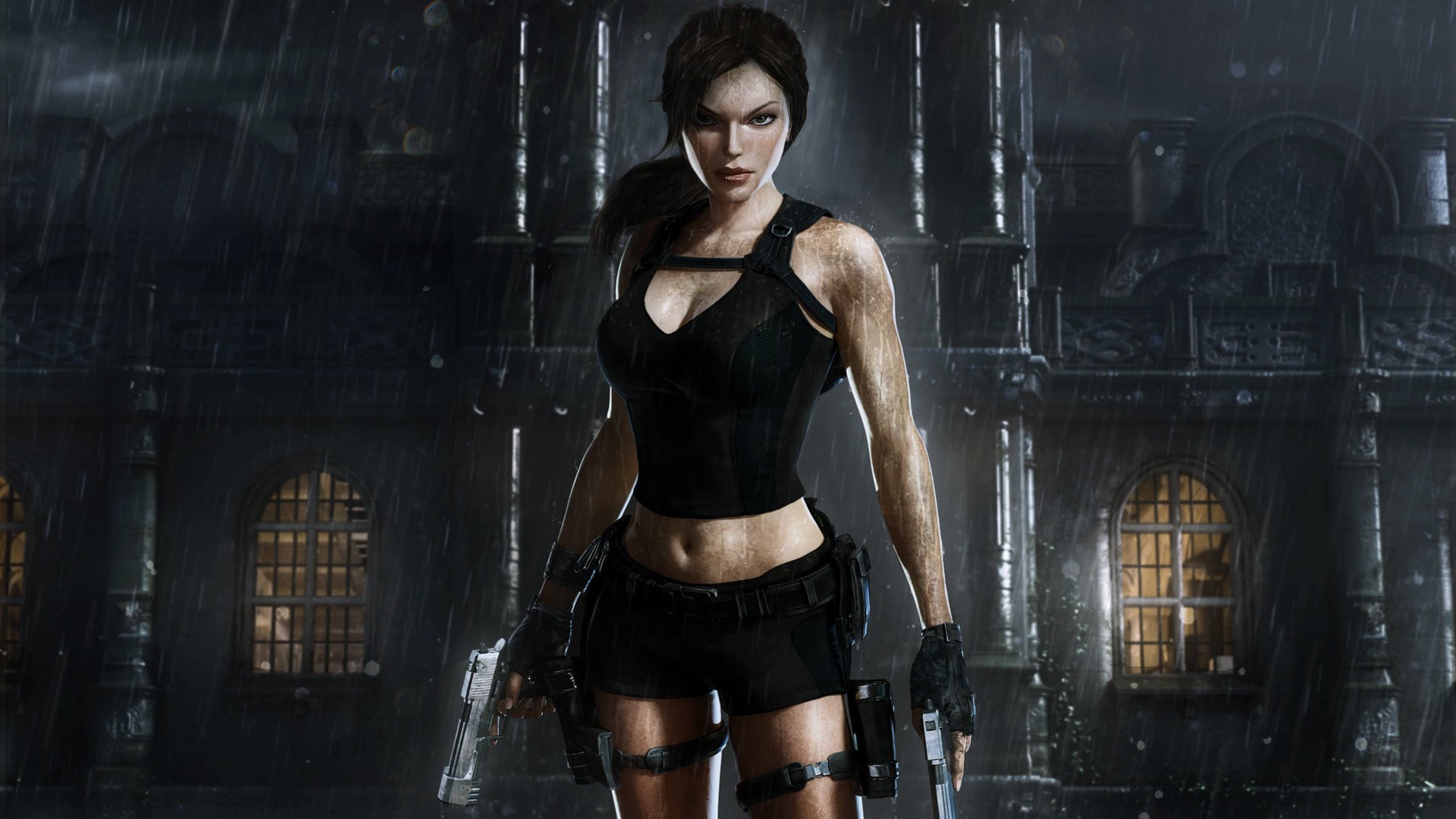 HD PC desktop wallpaper featuring Lara Croft from the Tomb Raider video game, standing in a dark, rain-soaked environment with a determined expression.