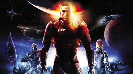 A dynamic HD wallpaper featuring Commander Shepard, Garrus Vakarian, and Ashley Williams from the Mass Effect video game series, set against a vibrant space backdrop.
