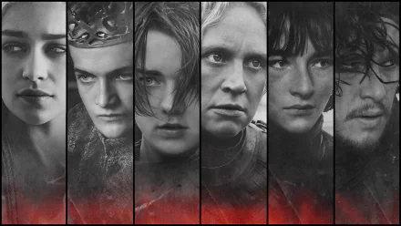 HD desktop wallpaper featuring black and white portraits of Game of Thrones characters: Daenerys Targaryen, Joffrey Baratheon, Arya Stark, Brienne of Tarth, Bran Stark, and Jon Snow, with a red gradient at the bottom.