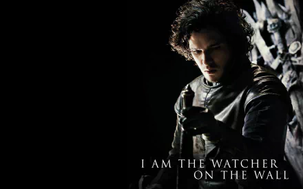 HD wallpaper featuring Kit Harington as Jon Snow from Game of Thrones, with the quote I am the watcher on the wall against a dark background.