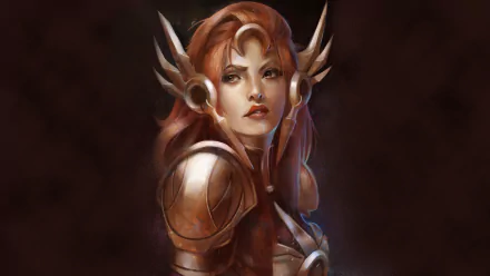 A HD wallpaper featuring Leona from League of Legends, showcasing her bold armor and fierce expression against a dark background.