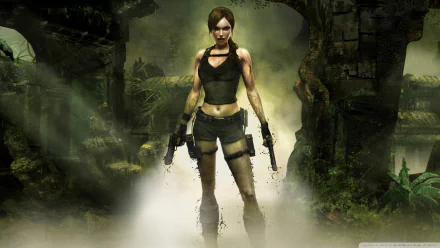 HD PC desktop wallpaper from the Tomb Raider: Underworld video game — Lara Croft stands in jungle ruins with dual pistols, misty stone arches and dense green foliage behind her.