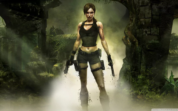 HD PC desktop wallpaper from the Tomb Raider: Underworld video game — Lara Croft stands in jungle ruins with dual pistols, misty stone arches and dense green foliage behind her.