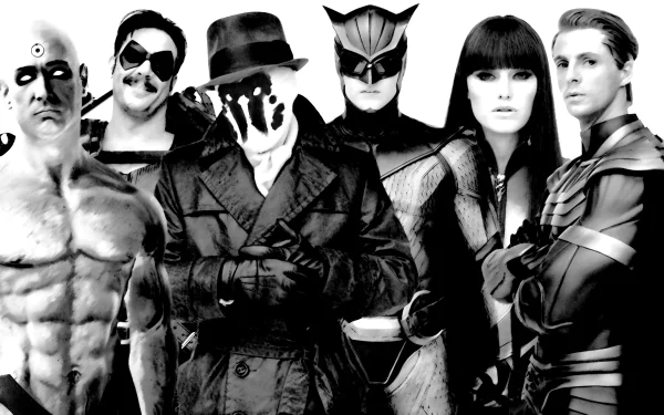 HD PC desktop wallpaper featuring the main characters from the movie Watchmen in black and white, showcasing their distinct costumes and intense expressions.