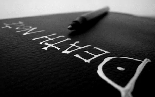 A close-up of a black notebook with DEATH NOTE written in white lettering, accompanied by a pen, presented as a stylish HD anime desktop wallpaper.