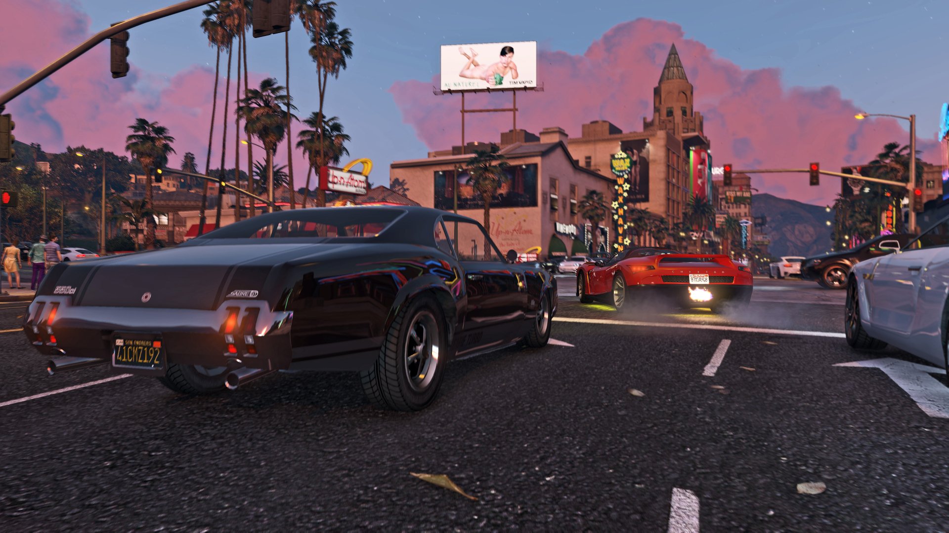 A vibrant 4K Ultra HD scene from Grand Theft Auto V featuring sleek cars amidst palm trees and city lights, capturing the essence of the game's dynamic urban landscape.