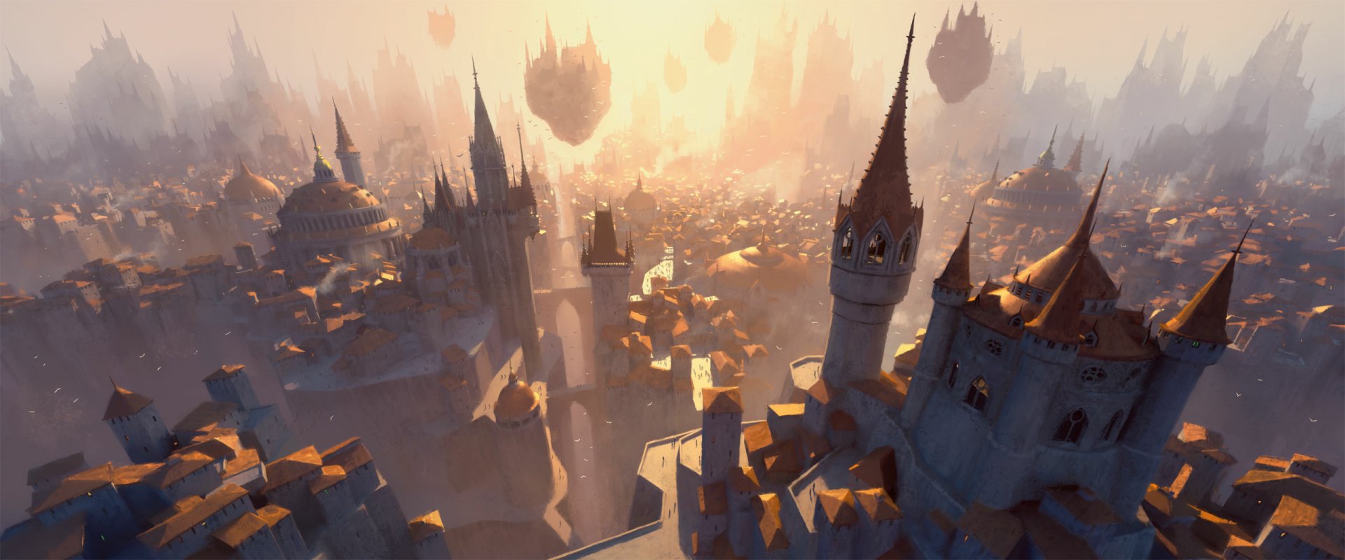 HD PC desktop wallpaper featuring a sprawling, man-made fantasy cityscape from Magic: The Gathering, bathed in warm, golden sunlight with floating structures overhead.