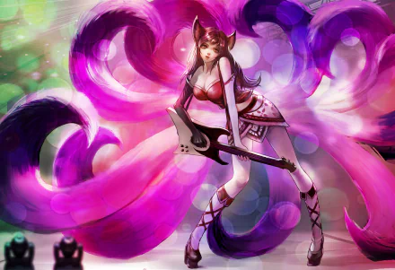 HD desktop wallpaper featuring Ahri from League of Legends playing a guitar, surrounded by her glowing tails in a vibrant, colorful video game-inspired scene.