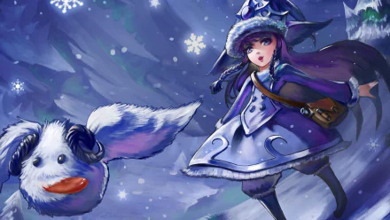 A vibrant HD wallpaper featuring Lulu and a Poro from League of Legends, set in a winter scene with snowflakes, capturing the charm of the game’s whimsical characters.
