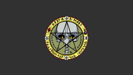 Comic The Sandman HD PC desktop wallpaper and background: central occult sigil with a pale masked face, yellow eyes, pentagram and runic ring on a dark gray field.