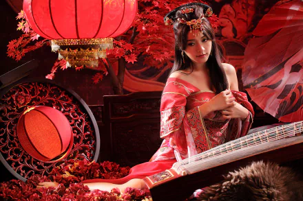 A Taiwanese woman in traditional costume sits gracefully among red lanterns and roses, holding a string instrument, embodying cultural heritage and beauty in a vibrant setting.