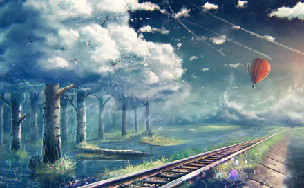 Artistic HD landscape wallpaper featuring a rainy scene with a hot air balloon floating above railroad tracks surrounded by trees under a dramatic cloudy sky.
