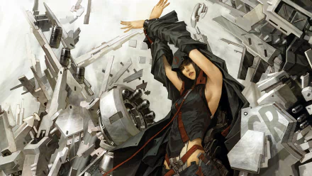 A fantasy-themed HD desktop wallpaper featuring a woman wizard amidst an explosion of metal and machinery, showcasing a striking blend of magic and technology.