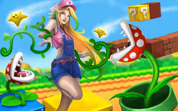 HD PC desktop wallpaper featuring Zyra from League of Legends in a vibrant video game-style setting with colorful platform elements and piranha plants.
