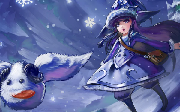 A vibrant HD wallpaper featuring Lulu and a Poro from League of Legends, set in a winter scene with snowflakes, capturing the charm of the game’s whimsical characters.