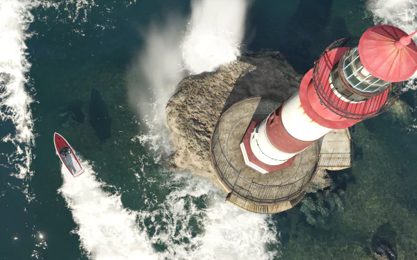 A vibrant 4K Ultra HD desktop wallpaper from Grand Theft Auto V, featuring an aerial view of a lighthouse beside crashing waves and a boat navigating the water.