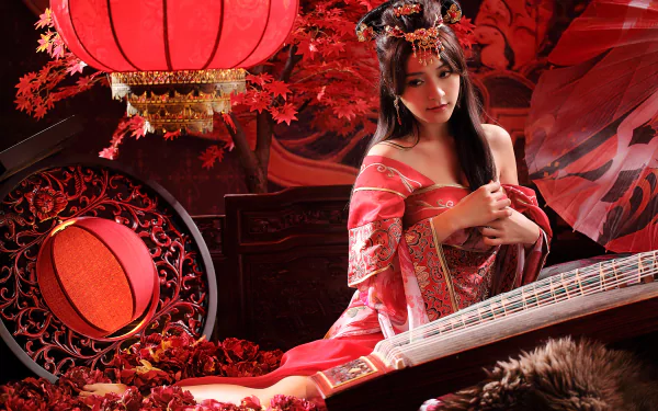 A Taiwanese woman in traditional costume sits gracefully among red lanterns and roses, holding a string instrument, embodying cultural heritage and beauty in a vibrant setting.