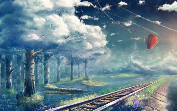 Artistic Landscape Tree Railroad Hot Air Balloon Rain HD Wallpaper | Background Image