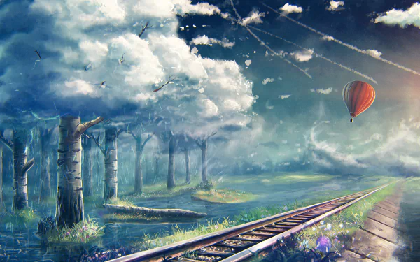 Artistic HD landscape wallpaper featuring a rainy scene with a hot air balloon floating above railroad tracks surrounded by trees under a dramatic cloudy sky.