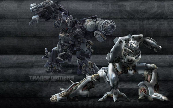 HD desktop wallpaper featuring two Transformers robots in a dynamic fight scene from the movie. Dark, futuristic background enhances the intense action.