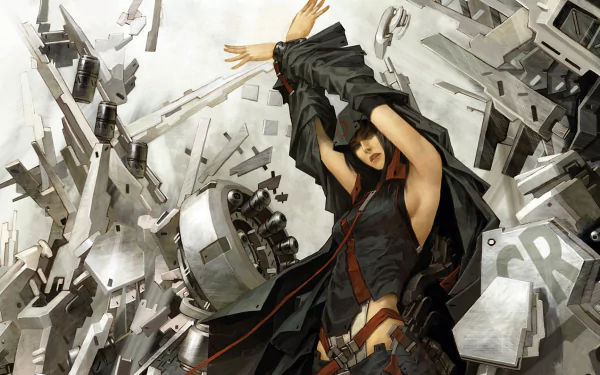 A fantasy-themed HD desktop wallpaper featuring a woman wizard amidst an explosion of metal and machinery, showcasing a striking blend of magic and technology.