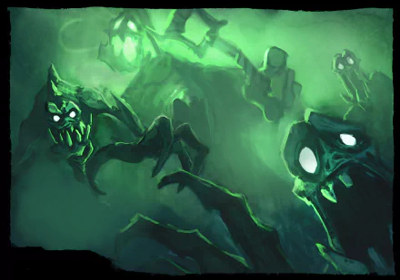 HD PC desktop wallpaper of Yorick from the video game League of Legends, shrouded in green mist as glowing skeletal ghouls and undead faces reach out from the fog.