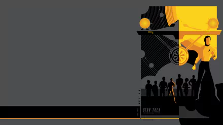 Minimalist Star Trek: The Original Series 2K Quad HD PC desktop wallpaper — wide gray canvas with a black-and-yellow right panel showing a starship motif and silhouetted crew.