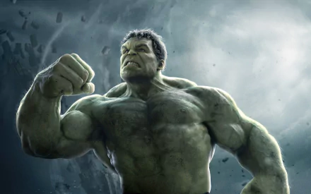 HD desktop wallpaper featuring Hulk from the movie Avengers: Age of Ultron, posed powerfully with a clenched fist against a stormy backdrop.