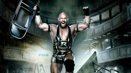 HD PC desktop wallpaper/background: muscular WWE wrestler hoisting a steel chair amid wreckage in an arena — promotional image for WWE TLC: Tables, Ladders & Chairs 2012 (movie).