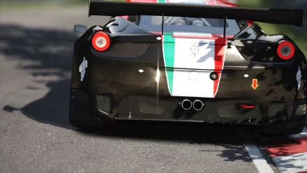 Rear view of a Ferrari 458 race car with Italian tricolor stripe on track — Assetto Corsa racing video game 2K Quad HD PC wallpaper.