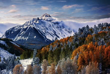 2K Quad HD nature desktop wallpaper: Mount Sneffles in Colorado rising above morning clouds, a snow-capped peak overlooking colorful fall aspen forest in the foreground.