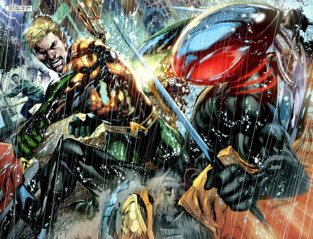 HD PC desktop wallpaper featuring Black Manta and Aquaman in a dynamic comic-style underwater battle scene with vivid colors and intense action.
