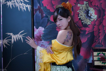 A Taiwanese woman in traditional costume poses against a vibrant floral background, showcasing her tattoo and elegant hair design, captured in rich 4K Ultra HD detail.