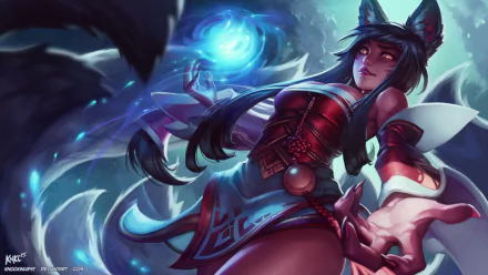 Ahri from League of Legends conjures magic in this stunning HD wallpaper, showcasing her enchanting powers against a mystical background.