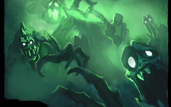 HD PC desktop wallpaper of Yorick from the video game League of Legends, shrouded in green mist as glowing skeletal ghouls and undead faces reach out from the fog.