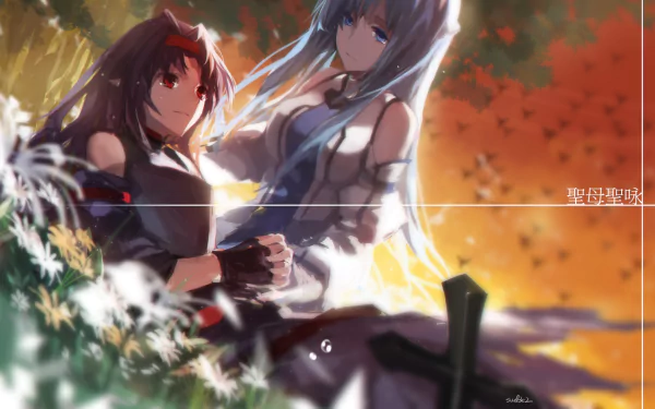 HD desktop wallpaper featuring Yuuki Konno and Asuna Yuuki from Sword Art Online II. The anime characters are depicted in a serene setting with flowers and a cross, bathed in warm light.