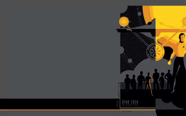 Minimalist Star Trek: The Original Series 2K Quad HD PC desktop wallpaper — wide gray canvas with a black-and-yellow right panel showing a starship motif and silhouetted crew.