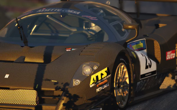 Ferrari P4/5 racing car close-up, rendered in the video game Assetto Corsa with warm sunset reflections — 2K Quad HD PC desktop wallpaper/background.