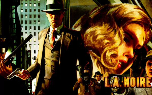 HD PC desktop wallpaper featuring a noir-style scene from the video game L.A. Noire with a detective in a fedora and a stylized woman’s face in dramatic lighting.