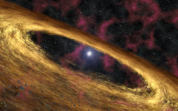 HD Sci-Fi desktop wallpaper depicting a bright pulsar surrounded by swirling golden cosmic dust and a backdrop of colorful interstellar clouds in deep space.
