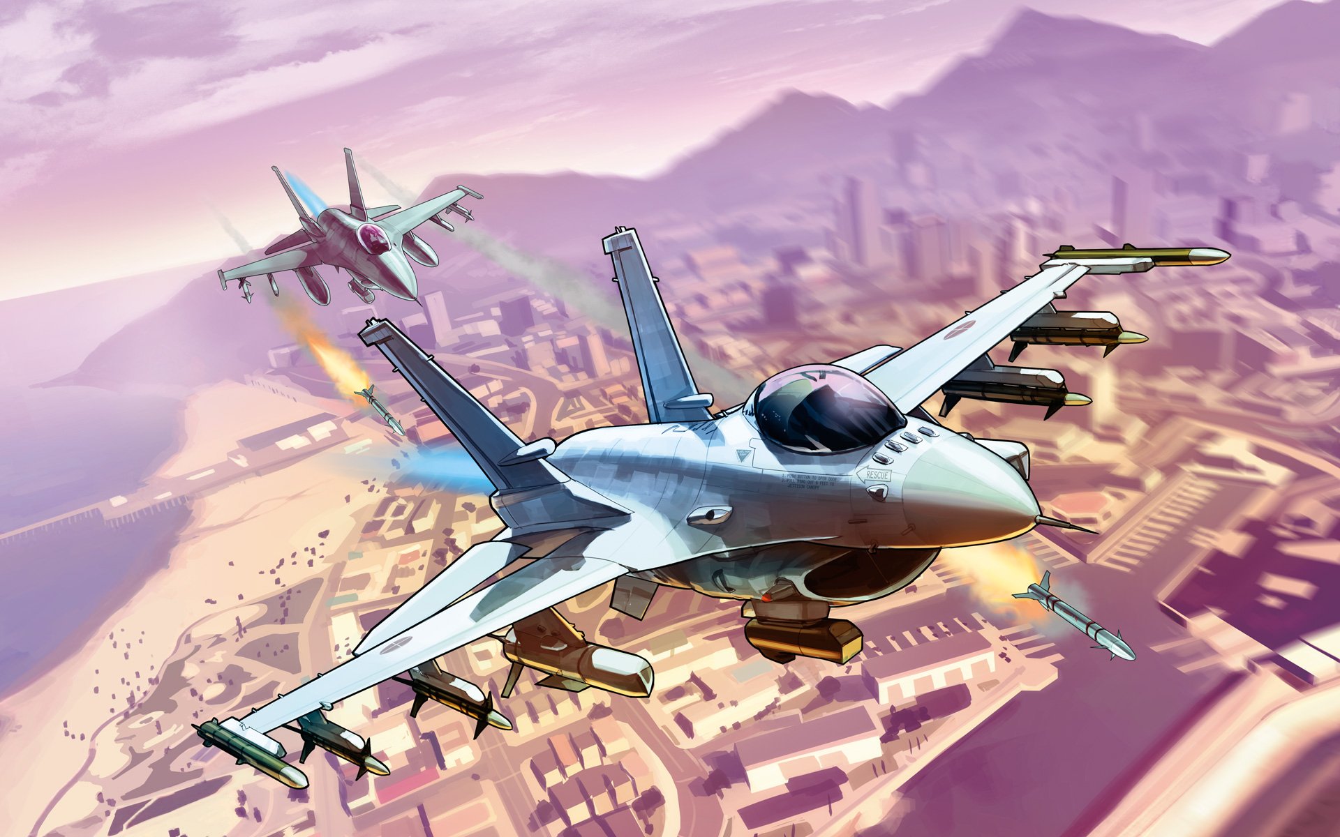 A dynamic HD wallpaper from Grand Theft Auto V featuring two fighter jets soaring over a vibrant cityscape, showcasing the action-packed essence of the game.