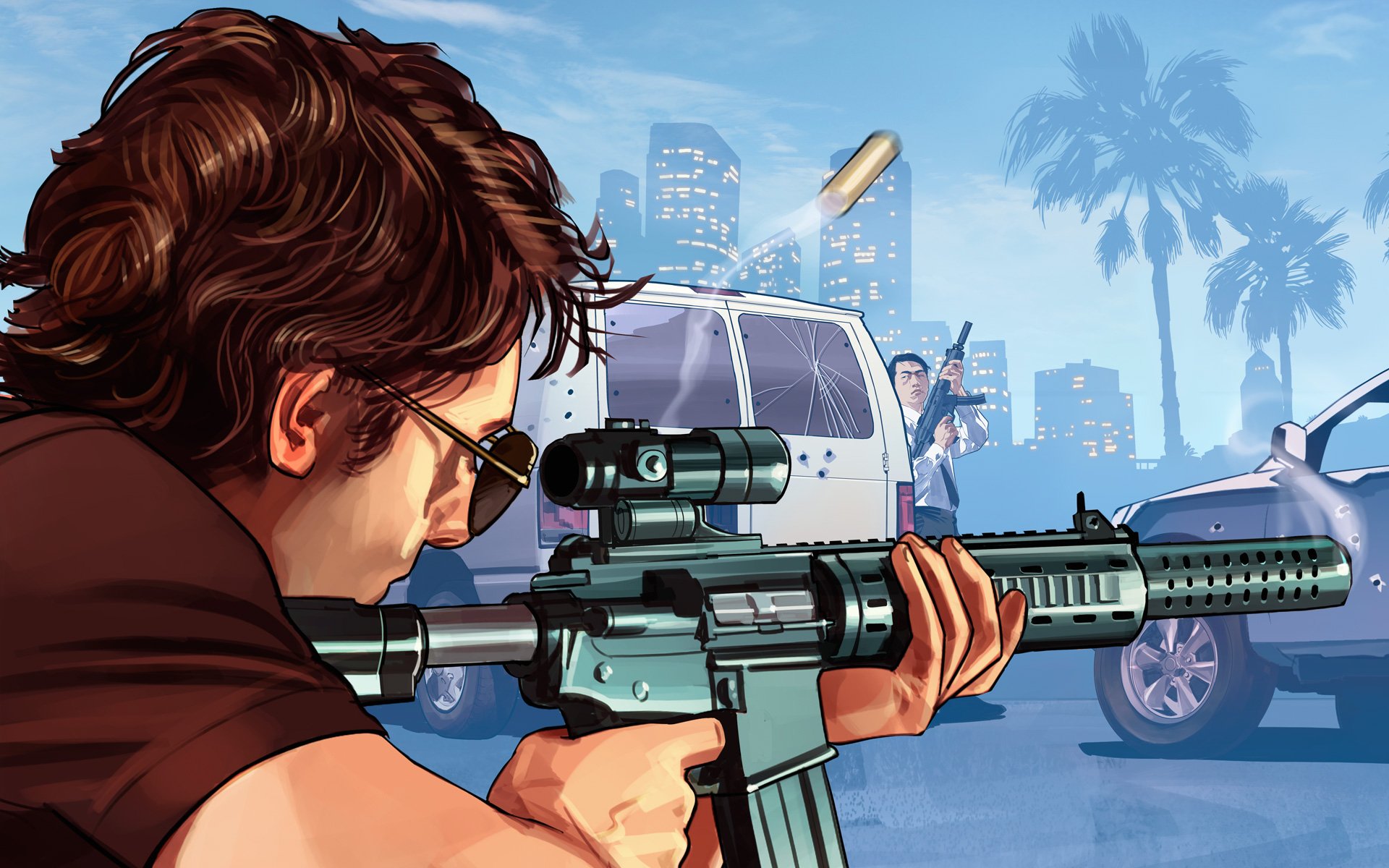 A dynamic scene from Grand Theft Auto V, featuring a character aiming a rifle amidst an urban backdrop, capturing the intense action and vibrant atmosphere of the game.