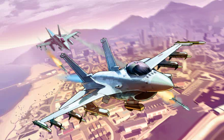 A dynamic HD wallpaper from Grand Theft Auto V featuring two fighter jets soaring over a vibrant cityscape, showcasing the action-packed essence of the game.