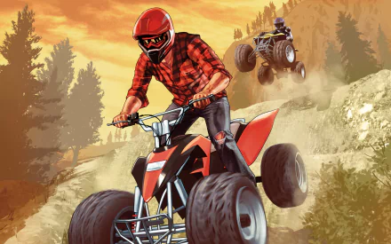 HD wallpaper of Grand Theft Auto V featuring a character riding an ATV while another vehicle jumps in the background against a scenic, hilly backdrop.