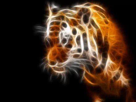 High-definition desktop wallpaper featuring a striking image of a tiger on a black background, rendered in an artistic, glowing style with vivid orange and white hues.