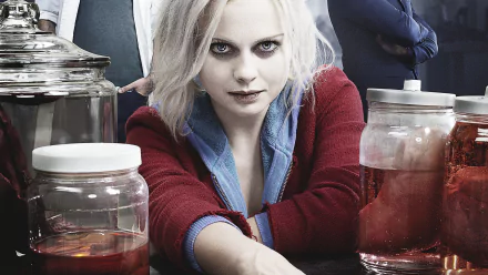 Rose McIver stars in the TV show iZombie, portrayed in this striking 4K Ultra HD wallpaper, featuring her intense gaze and a mysterious laboratory setting.