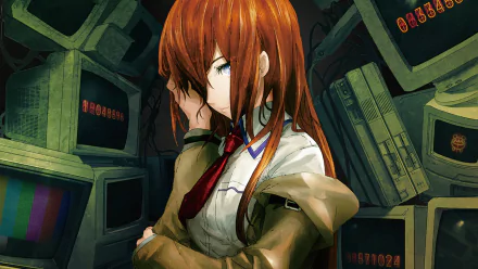 HD desktop wallpaper of Kurisu Makise from Steins;Gate, featuring her in an anime style, surrounded by old computers.
